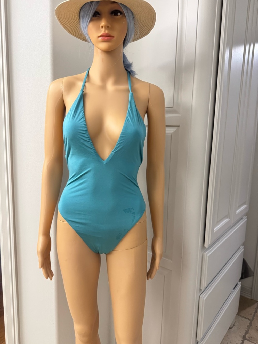 The Bikini Lab Teal Deep V Plunge Halter One-Piece Swimsuit
